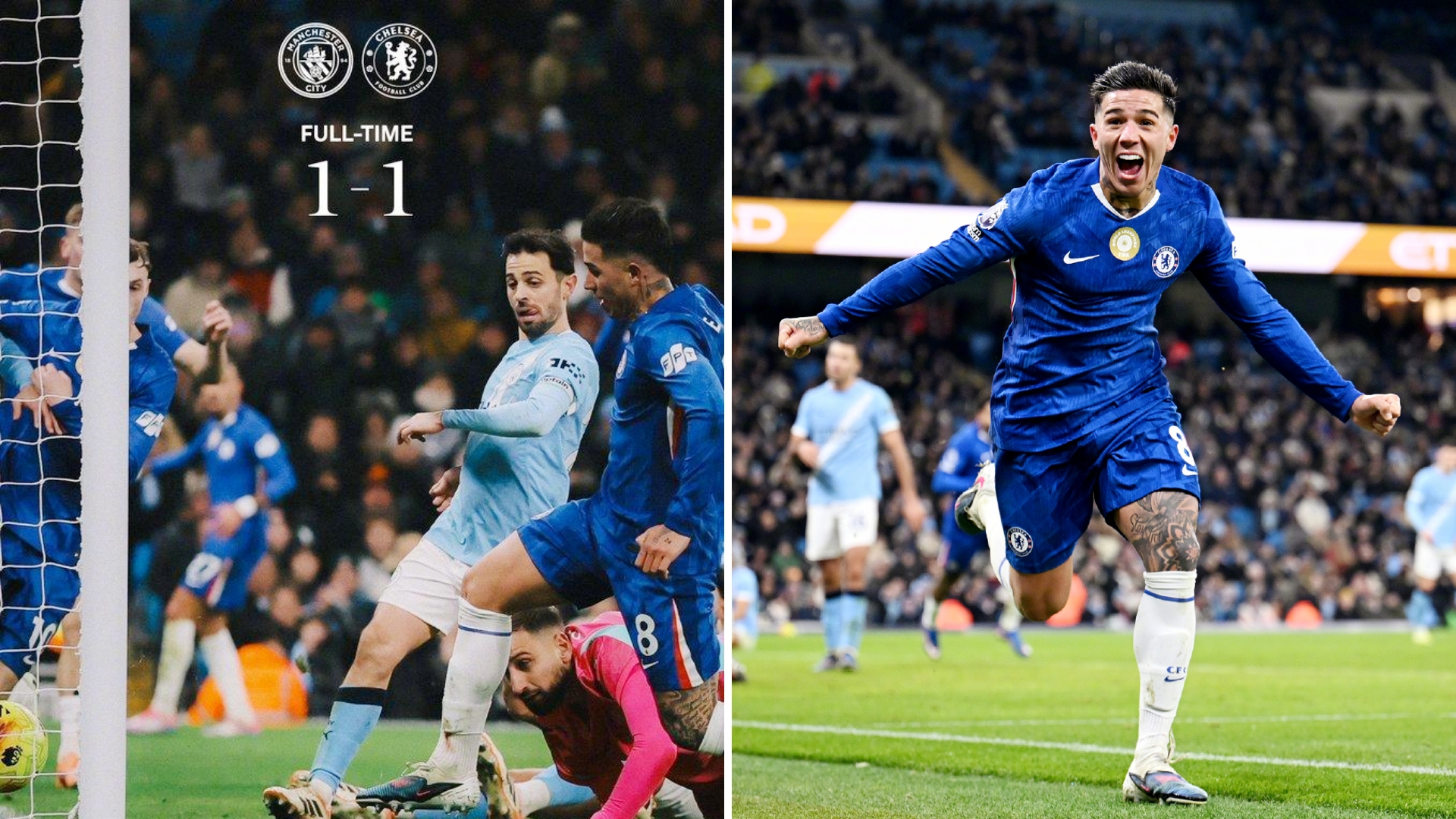 英超：曼城主场遭切尔西1-1绝平，距离榜首6分。
赖因德斯率先破门，恩佐94分钟