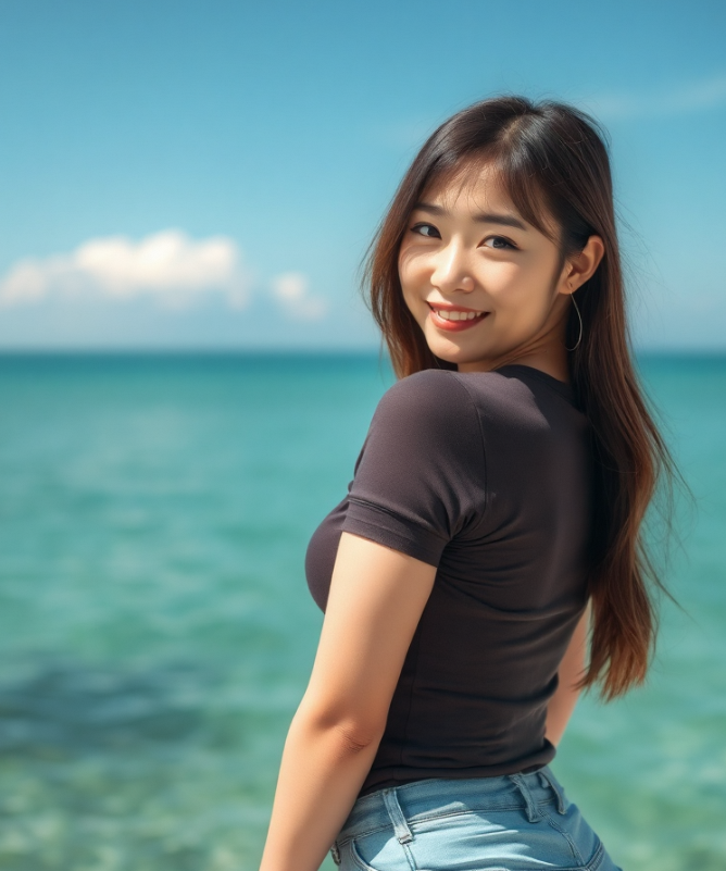 海浪拍打中的海边美女，勇敢追求梦想之光