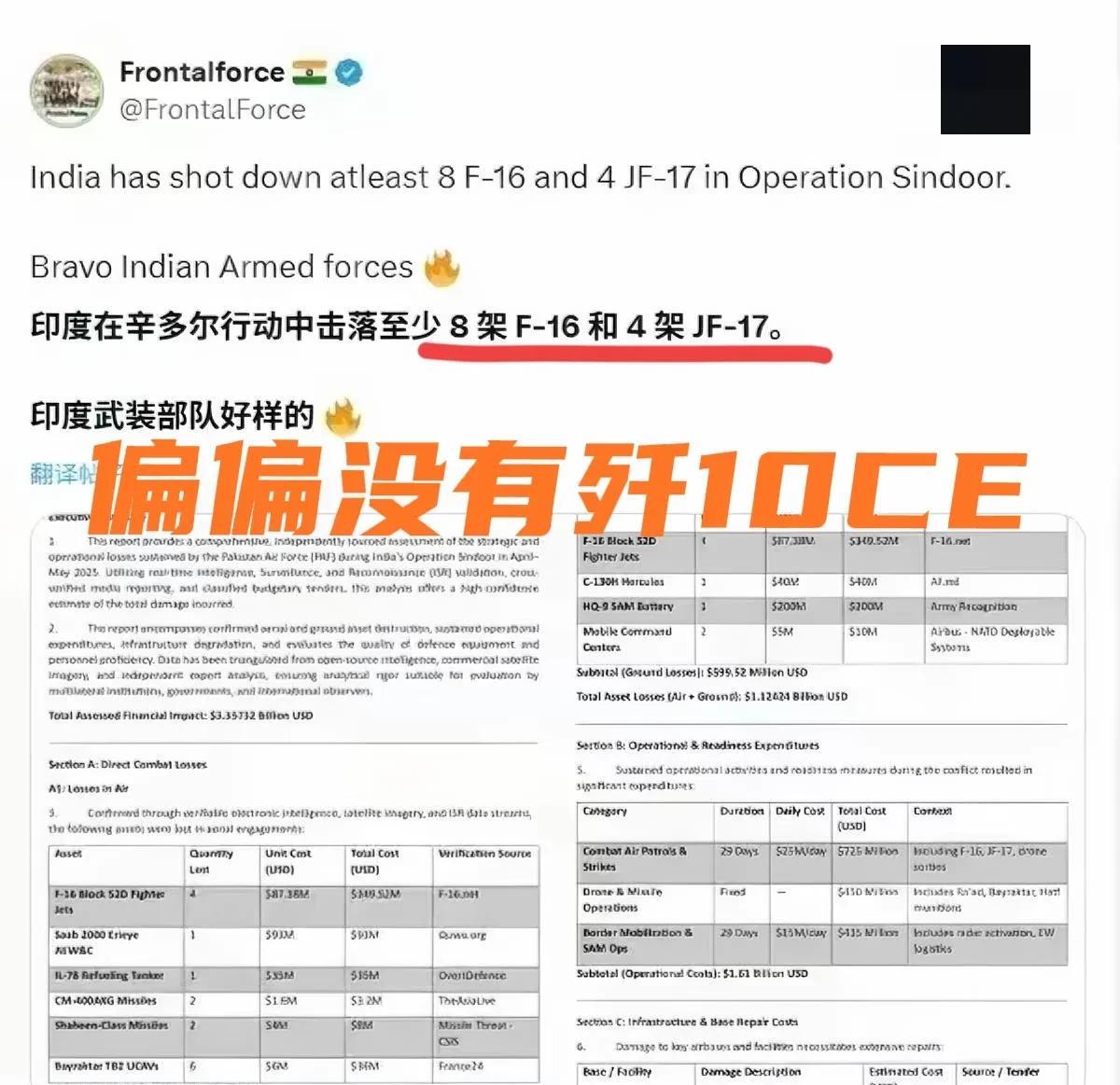 印度敢说击落了巴方的F16、枭龙，就是不敢说击落了歼10CE！为什么？因为歼10