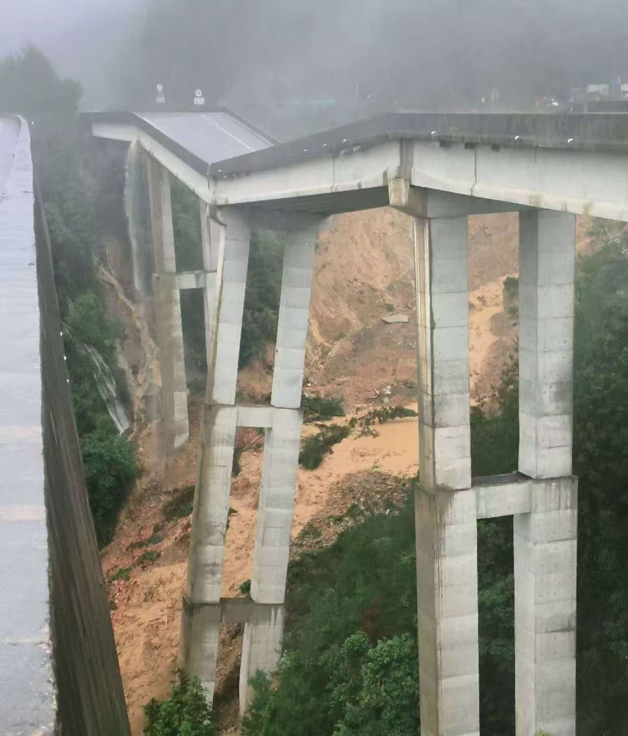 这有点吓人！
高架桥遭受山体滑坡，桥墩位移，路面折断，希望一切平安！