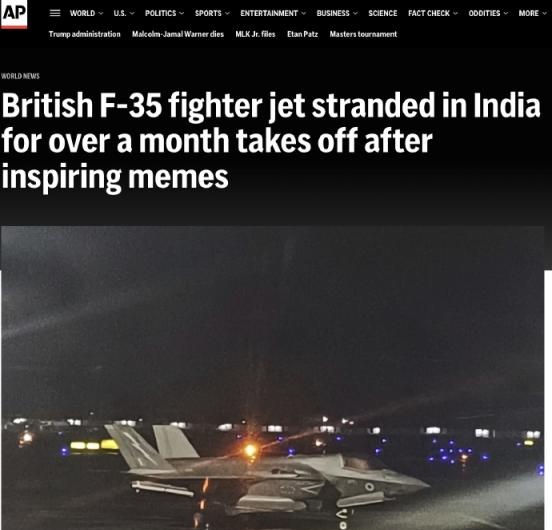据美联社报道，一名印度官员表示，因故障滞留印度机场逾一个月的英国F-35B战斗机