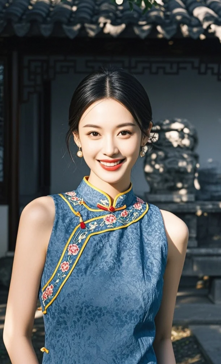 她穿一袭静谧蓝旗袍立于庭院，仿佛把整个东方的月色穿在了身上