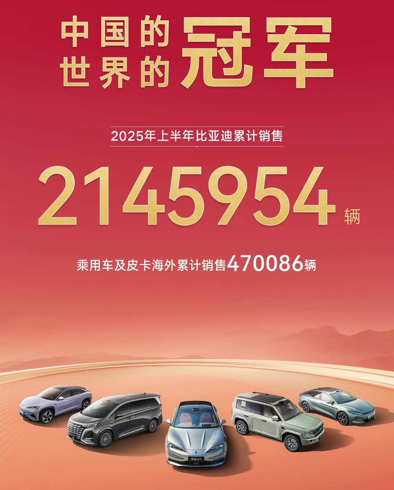比亚迪：“中国的、世界的冠军！中国汽车市场汽车销量冠军！中国汽车市场品牌销量冠军