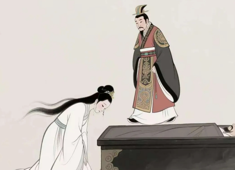 北齐皇帝高洋听说大臣崔进死了，来到他的棺椁前，其妻李氏跪伏在地，素衣如雪，美得凄