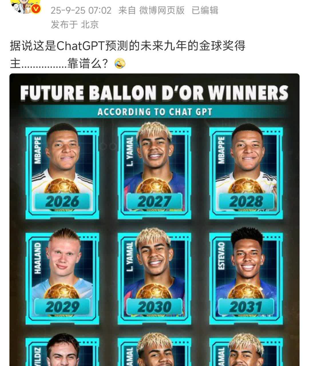 詹俊根据人工智能，预测未来9年的金球奖。

我就一个感觉，金球奖是皇马+巴萨