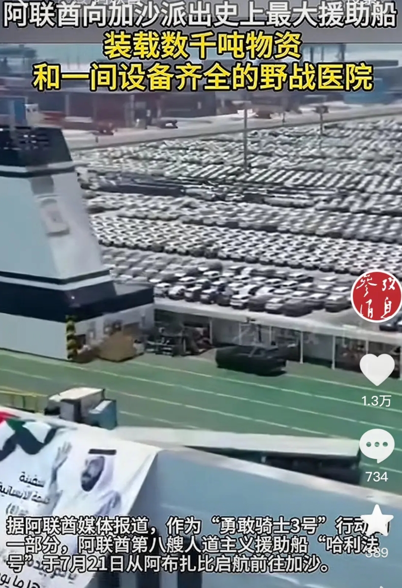 中东土豪阿联酋出手了，向加沙派出了史上最大的援助船，不仅装载了超7000吨重要物