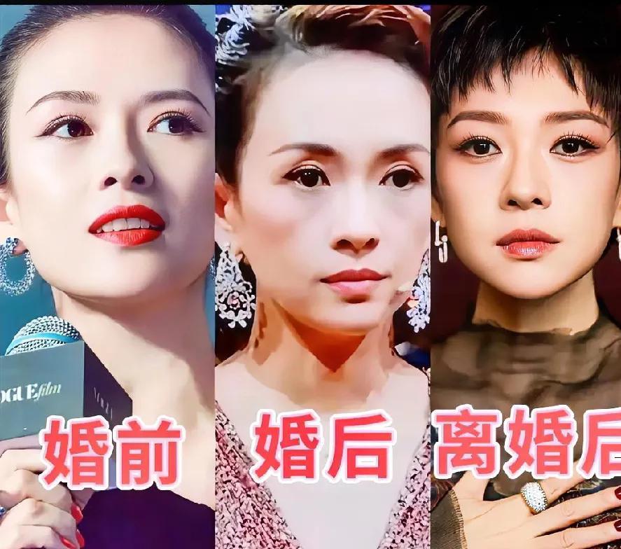 老一辈人常说，嘴巴能骗人，眼神骗不了人。
看章子怡这三张照片，婚前的“锋”、婚后