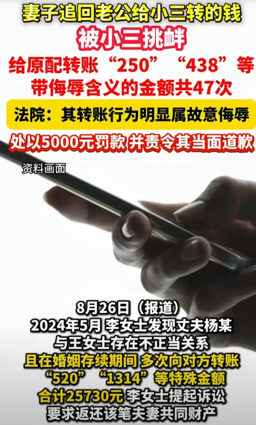 广东，李女士翻丈夫手机，发现了暧昧的转账。李女士一气之下把王女士起诉了，最后判处