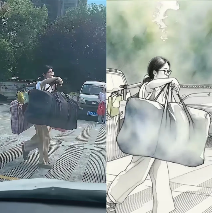 这下知道了，
原来，女孩之所以用扁担挑，
是因为她挑的东西让人意想不到，
原来整