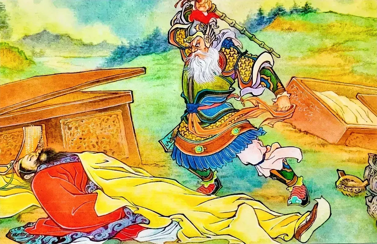 伍子胥找到楚平王的遗体后，鞭尸三百下，然后脚踩其胸腹，右手抠出其眼珠，厉声道：你