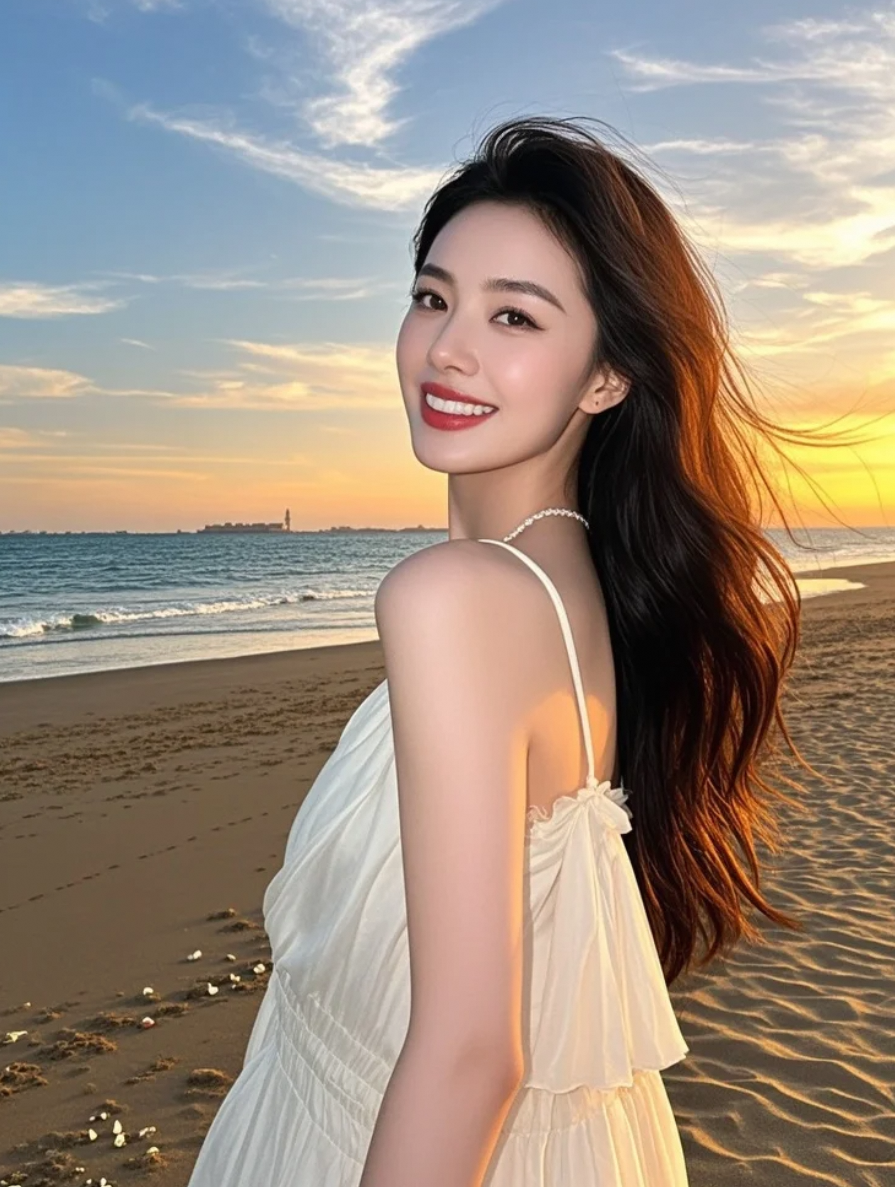 发丝缠绕着夕阳的余温，白裙盛满了海风的私语