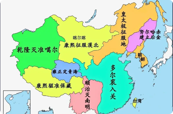 看这个图，才明白清朝确实生猛，尤其是清前期几代君王，个个强悍。
努尔哈赤和皇太极