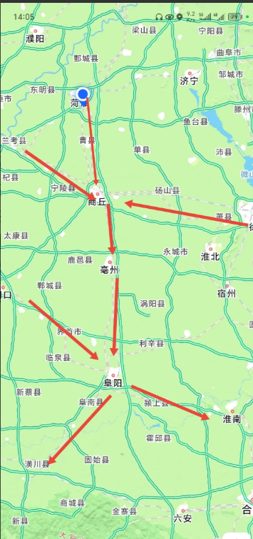 从菏泽到阜阳，中间还有商丘和亳州，这四个城市地理排列太齐了，亳州暂且不说，剩下三