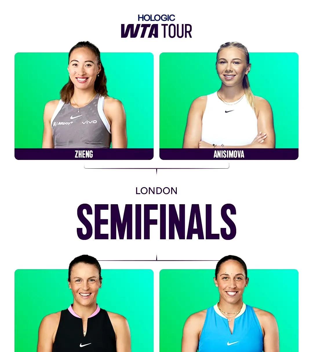 焦点赛事～郑钦文大战阿尼西莫娃，玛利亚大战凯斯，WTA500|伦敦站半决赛赛程预