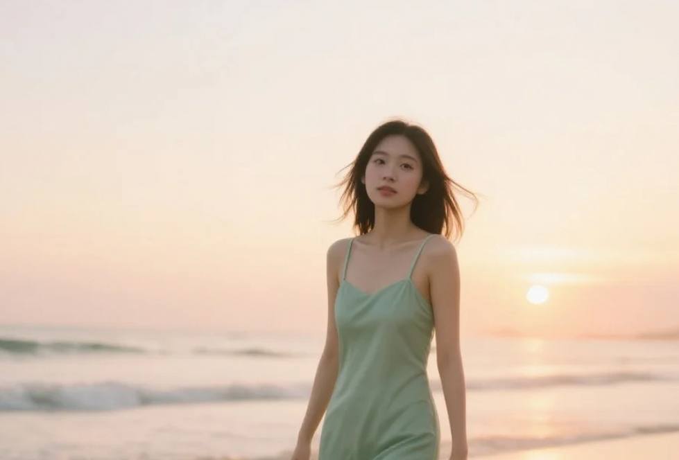 在这片宁静的海滩上，我的连衣裙成了最温暖的一抹色彩。
