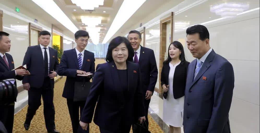 朝鲜外相崔善姬启程赴华访问 中国驻朝鲜大使王亚军和使馆成员到机场送行
