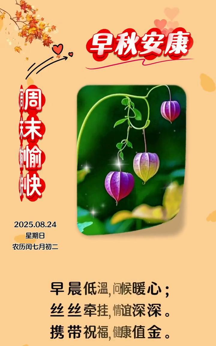 早秋安康，周末愉快。
农历闰七月初二，早晨低温，问候暖心；丝丝牵挂，情谊深深。携