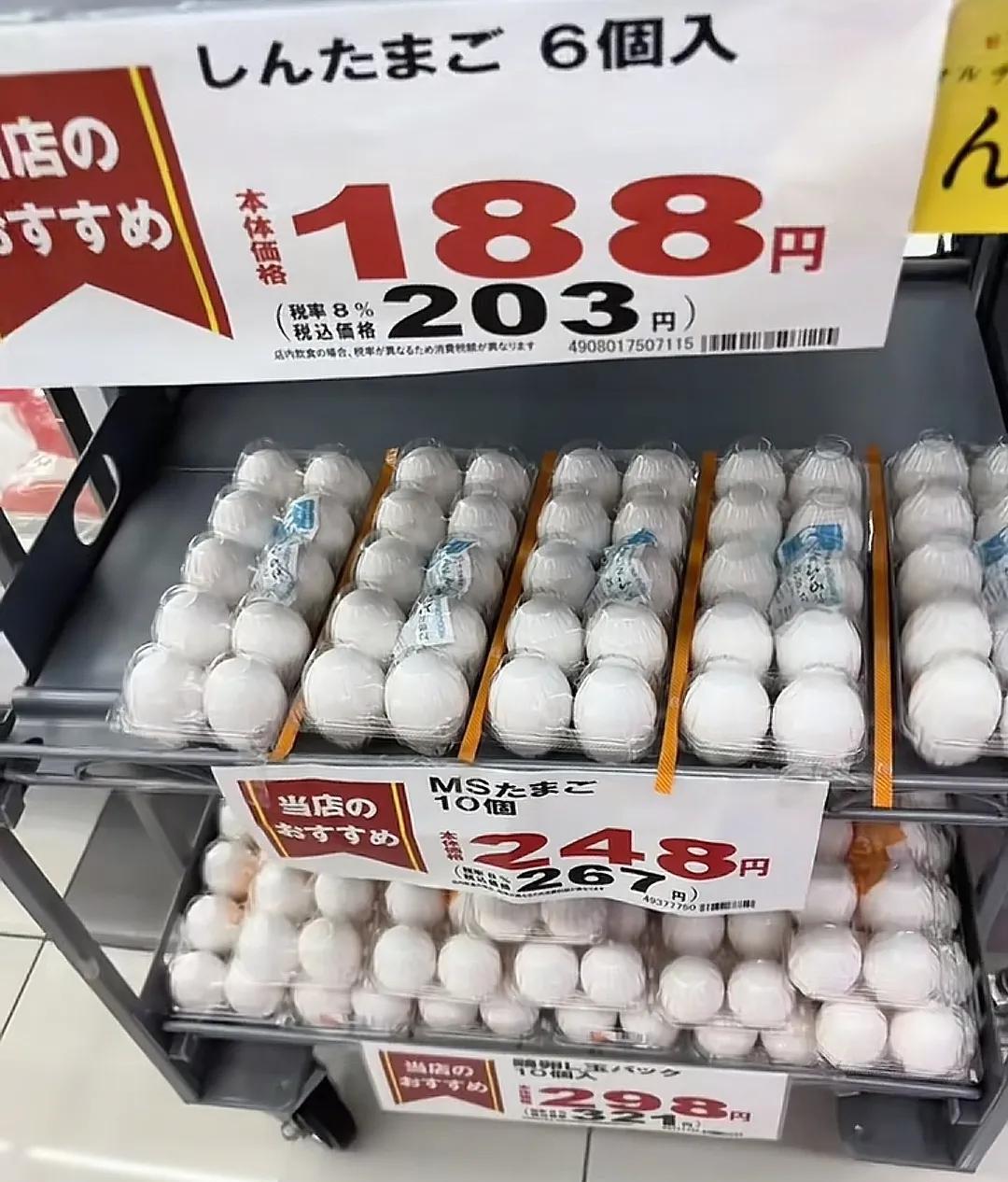 日本鸡蛋价格，十个鸡蛋 13 元人民币。
中国鸡蛋价格，十个左右 3.25 元人