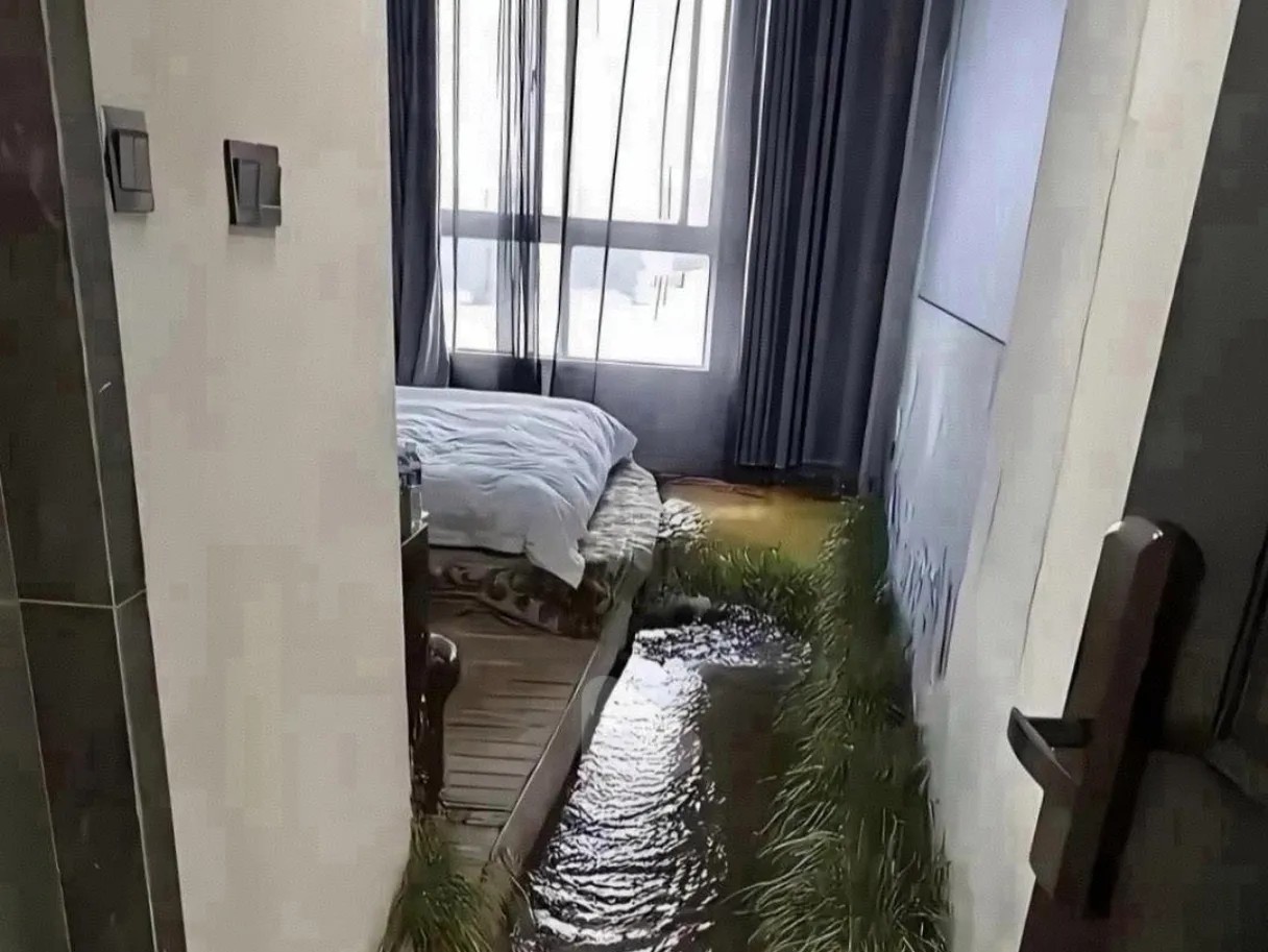 今天去朋友家，刚进门就被吓到！他家地面装得和真水沟一模一样，逼真得我都不敢抬脚，