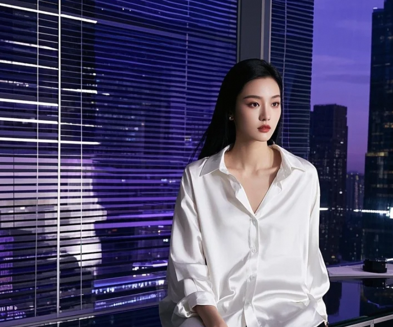 她对着玻璃反光整理衣领，不经意间就成了焦点。