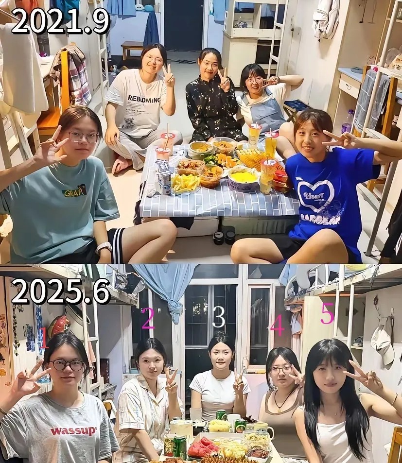网友:
姐妹们 大一 vs 大四合照，你们看看谁的变化最大？