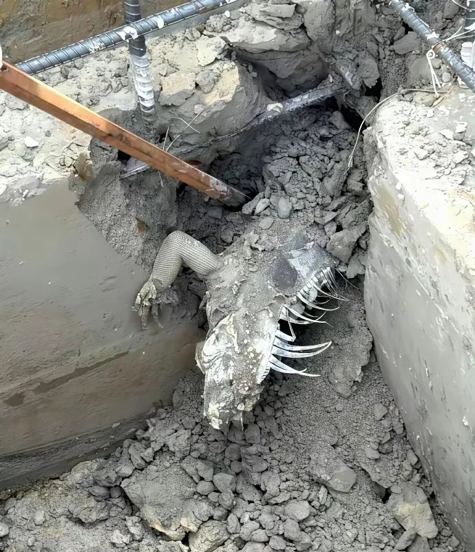 这是国外一户人家建房子的时候，从地基里面发现的，属实把人吓一跳啊。这是个什么动物
