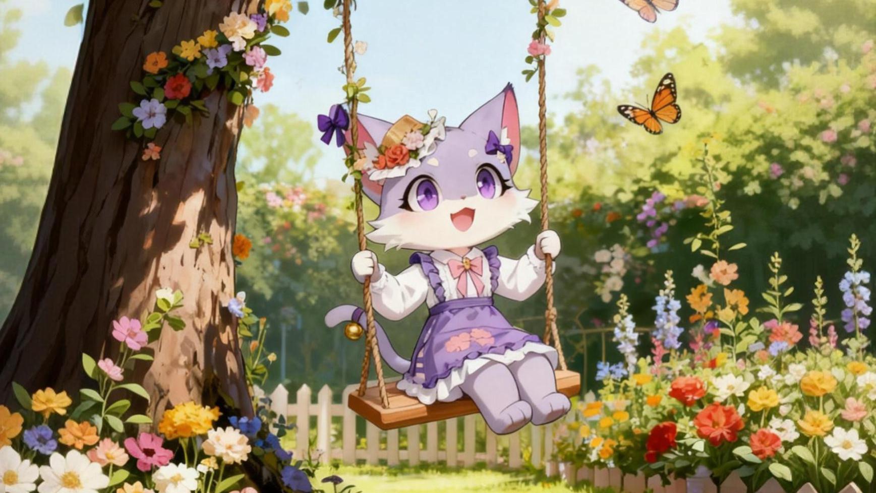 我直接原地封神🌿！福运猫锦葵花秋千壁纸美到尖叫