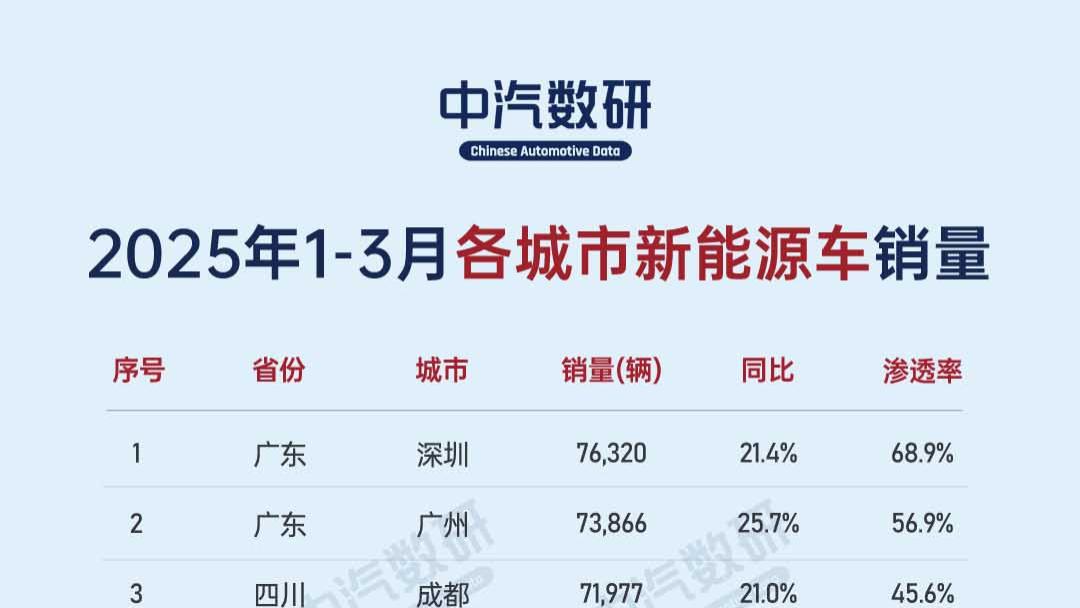 2025年一季度各大城市新能源汽车销量排行榜