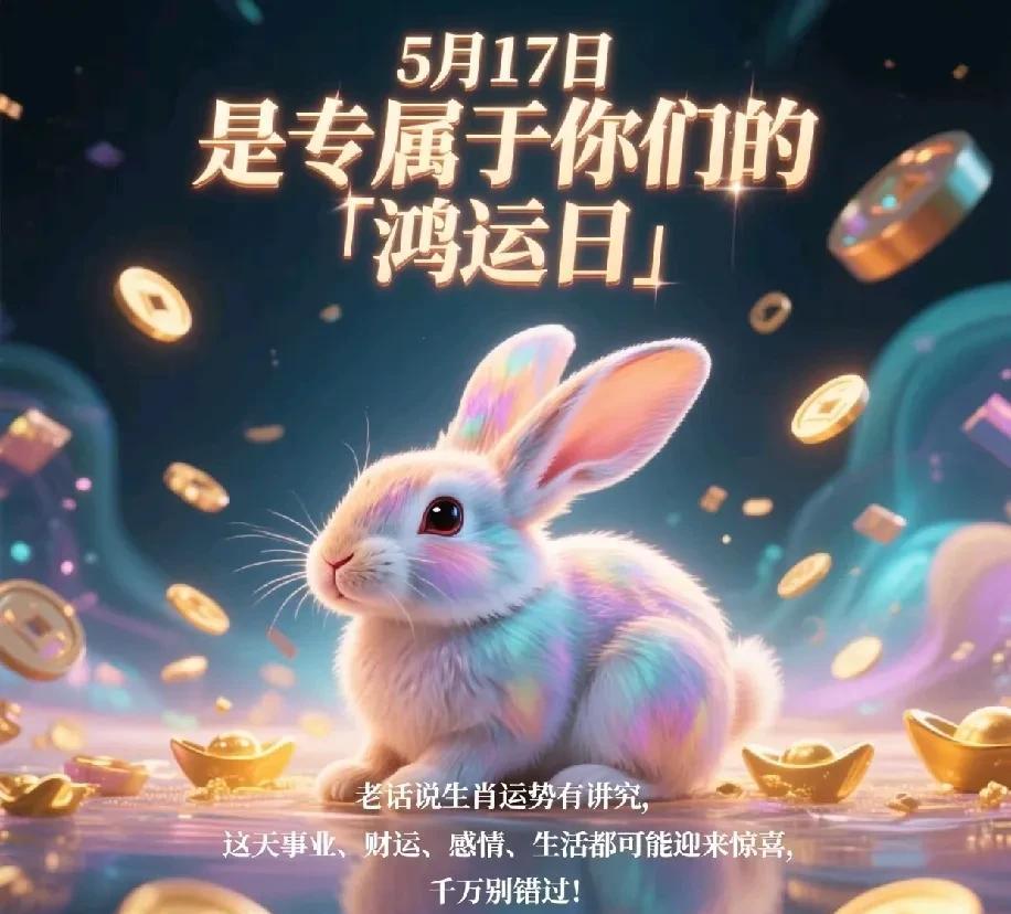属兔的朋友们看过来！
民间热传，5月17日是专属于你们的「鸿运日」，有望「四喜临