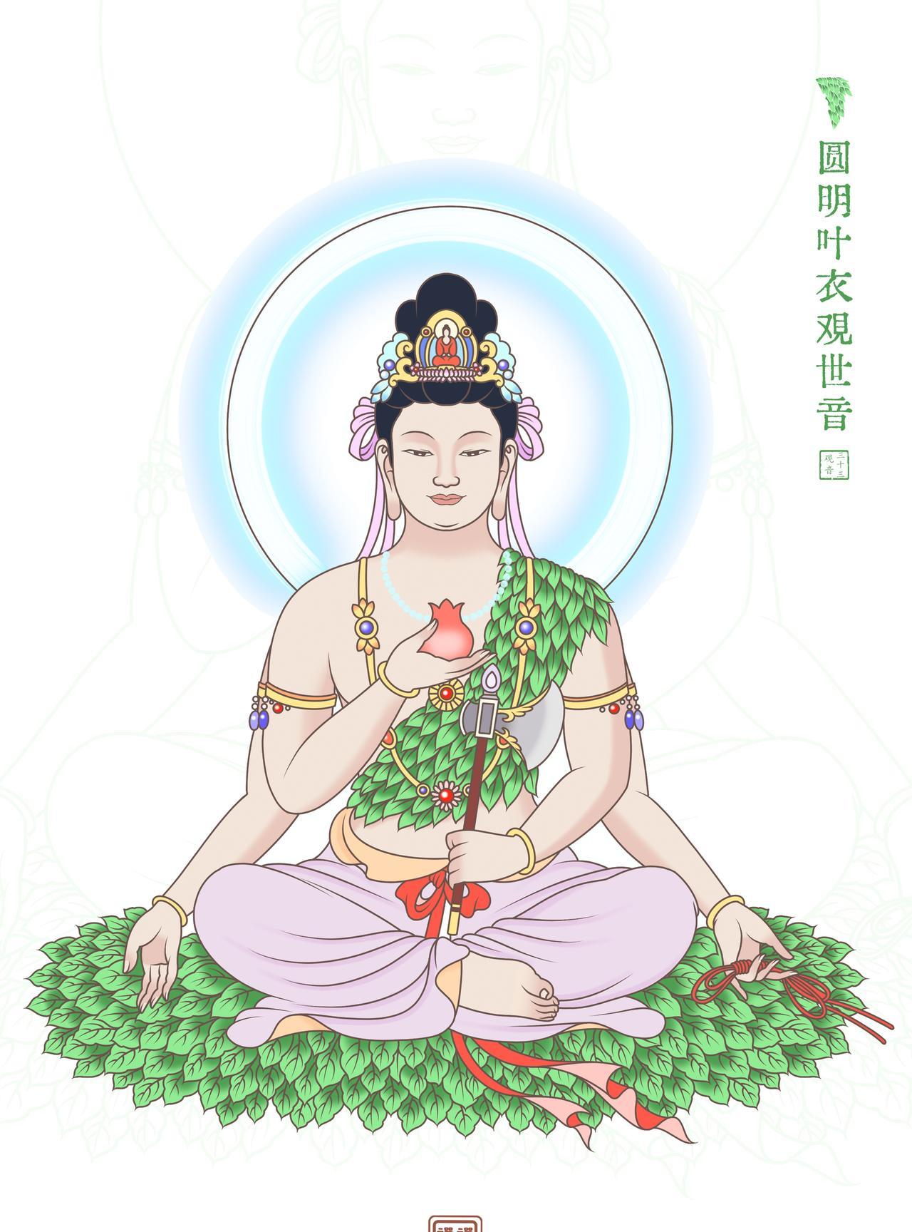 圆明叶衣观世音，三千威仪妙慈容。神光内凝觉真澄，心光发宣帝释身。
念头起时，知是
