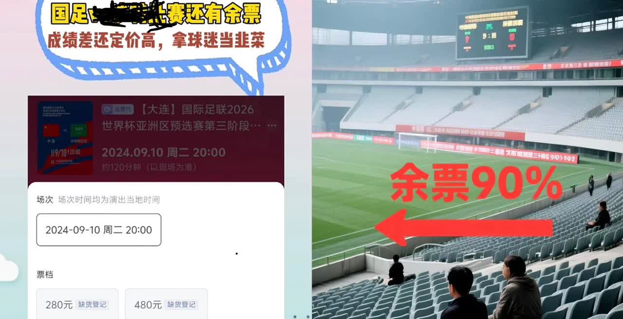 国足本次热身赛卖票情况惨淡！

三天时间，票都没卖出去一成。此次热身赛的票价