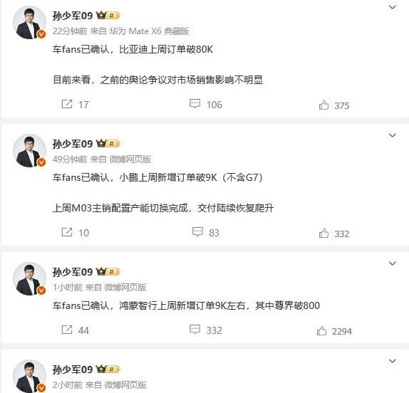 比亚迪的订单量，没有受到舆情的影响；理想和鸿蒙的订单量依旧维持在9k，尊界卖得真
