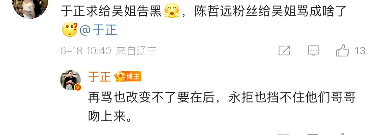 于正回应吴谨言陈哲远合作引争议
近日，于正回应吴谨言粉丝抵制其与陈哲远合作的言论