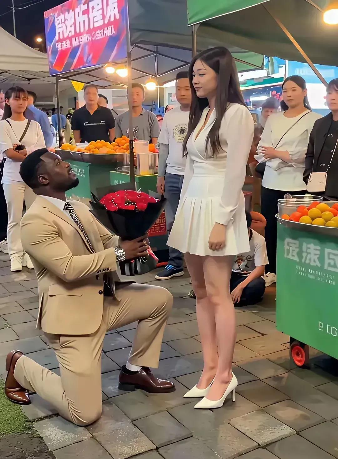 黑人兄弟真浪漫，大街上向中国女友求婚！