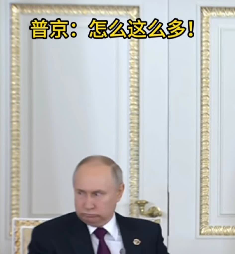 普京: 怎么这么多?
普京参加会议看到一大摞文件，做出各种搞怪鬼脸 表情
这