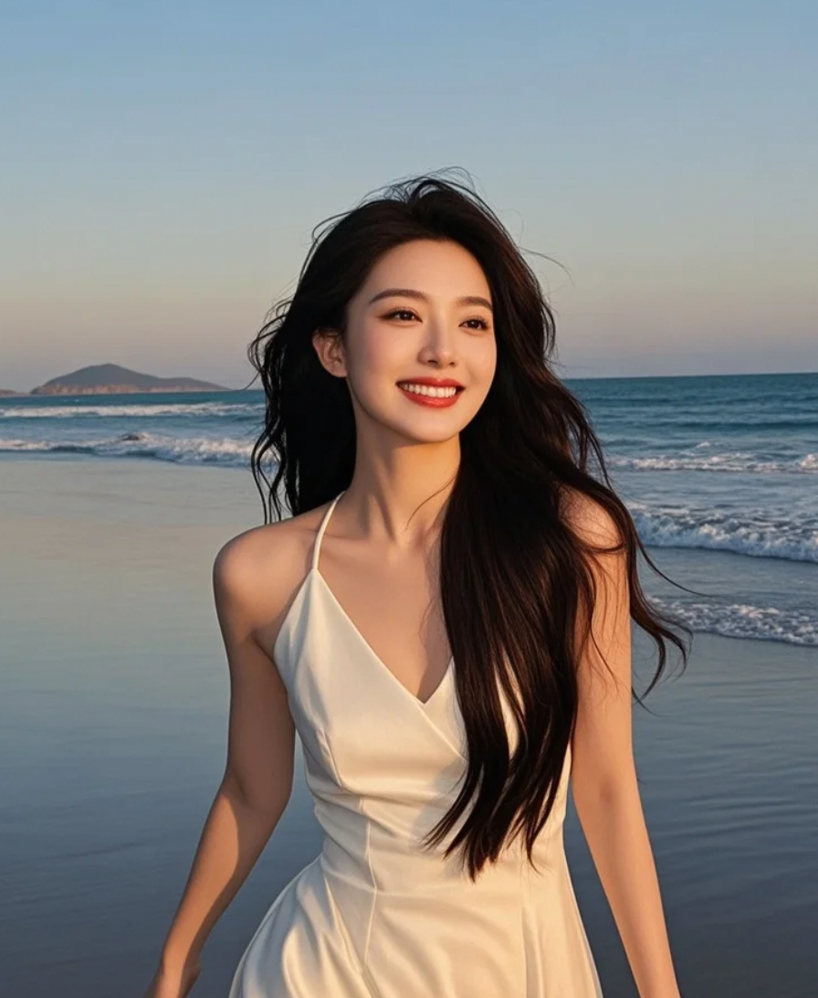 海风卷起裙角，露出被夕阳亲吻的脚踝，白裙如帆