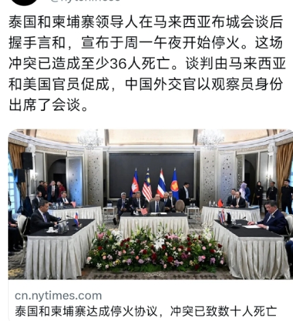纽约时报中文网今天（7月29日）写道：“泰国和柬埔寨领导人在马来西亚布城会谈后握