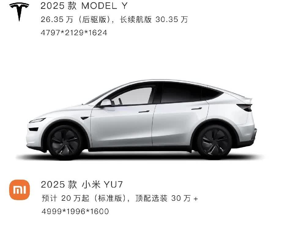 年轻人的第一台车，特斯拉modely和小米YU7怎么选？小米su7价格致敬了mo