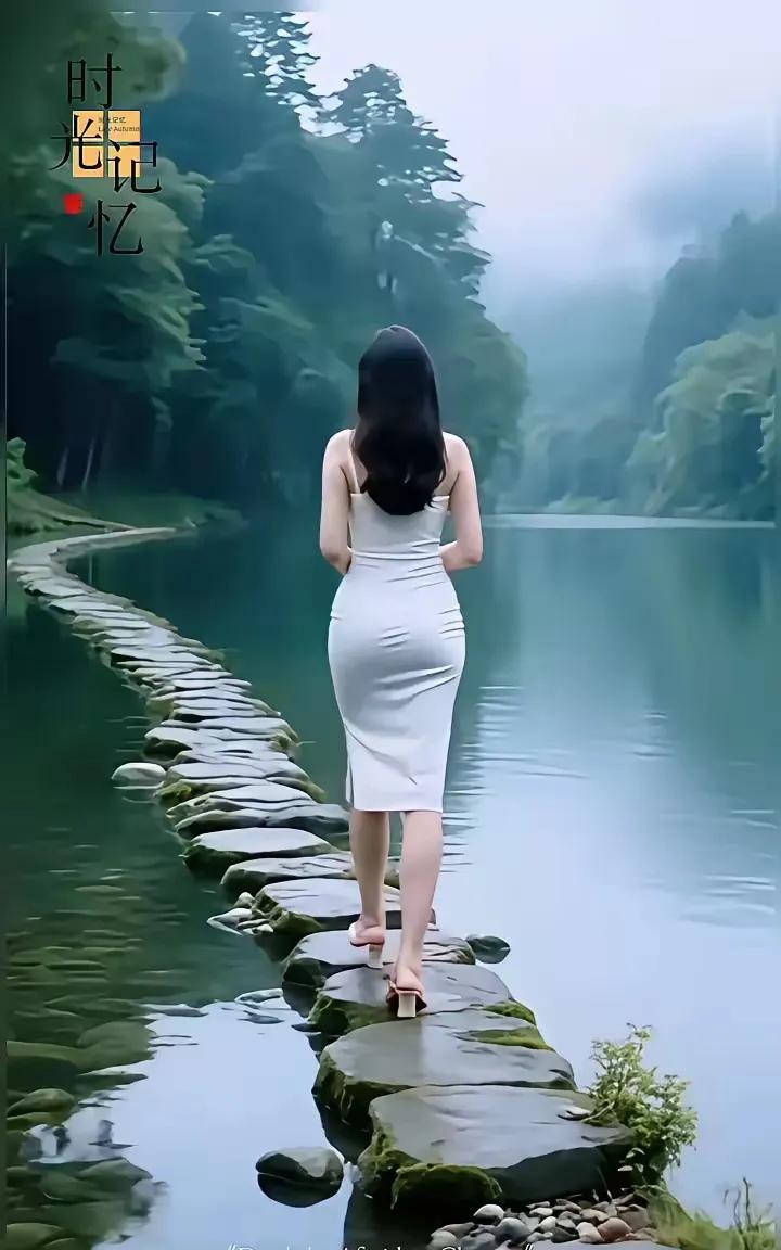 素裙随风漾，
青丝披玉肩。
独行幽径远，
山水共婵娟。