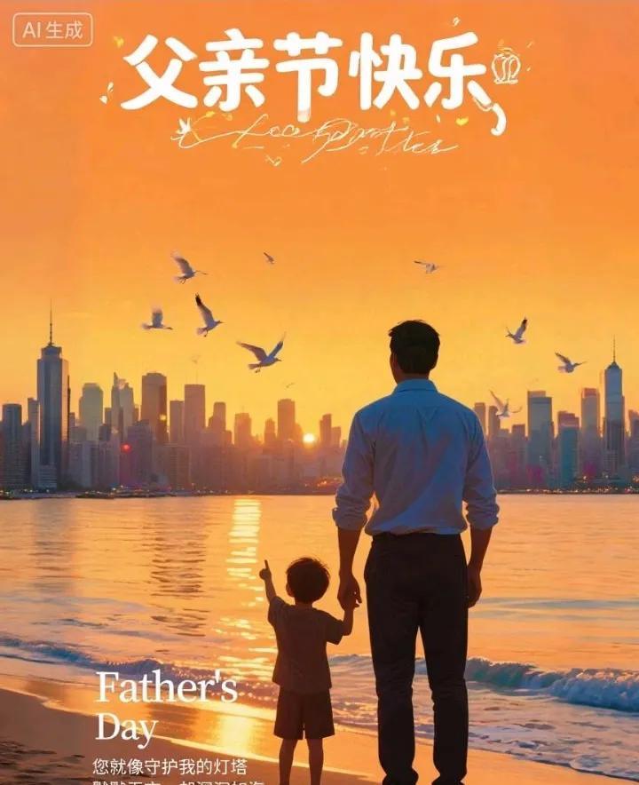 云舒霞染映橙黄，父子滩头影倚长。



落日余晖洒在沙滩上，将父子俩的身影拉得老