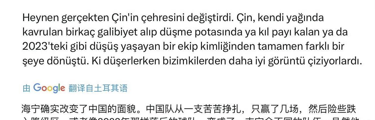 很多土耳其球迷表示：海宁将一支保级队伍带到了世界强队，而土耳其主帅很差