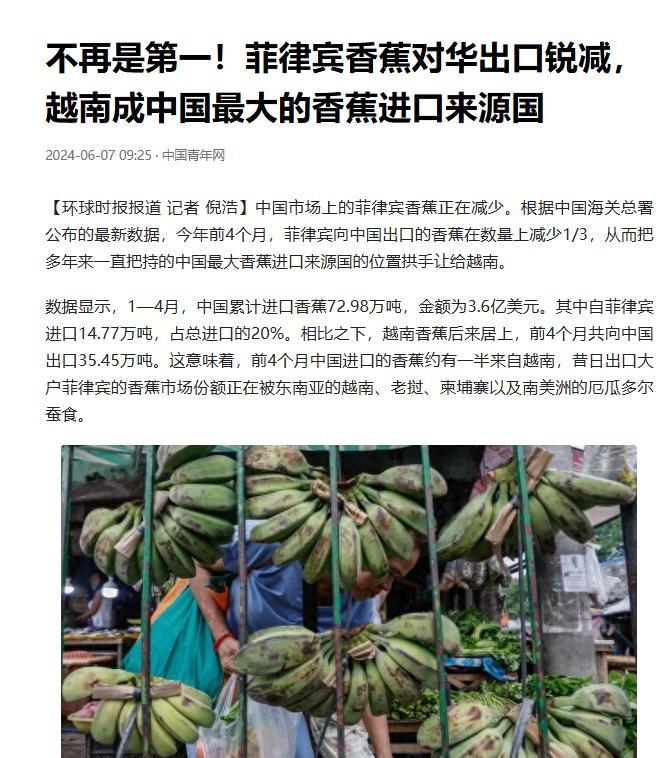 自从中国停止进口菲律宾香蕉，菲律宾香蕉协会的负责人愤怒地表示：“中国断了30万蕉