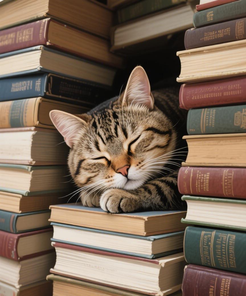 #AI妙生图#在书堆中安睡的猫，藏着宁静与智慧，仿佛书能抚平心的褶皱，让梦也染上