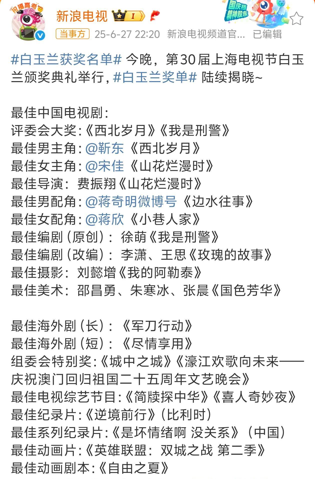 最佳中国电视剧：
评委会奖：
最佳男主角：靳东 ，主演作品《西北岁月》
最佳女主