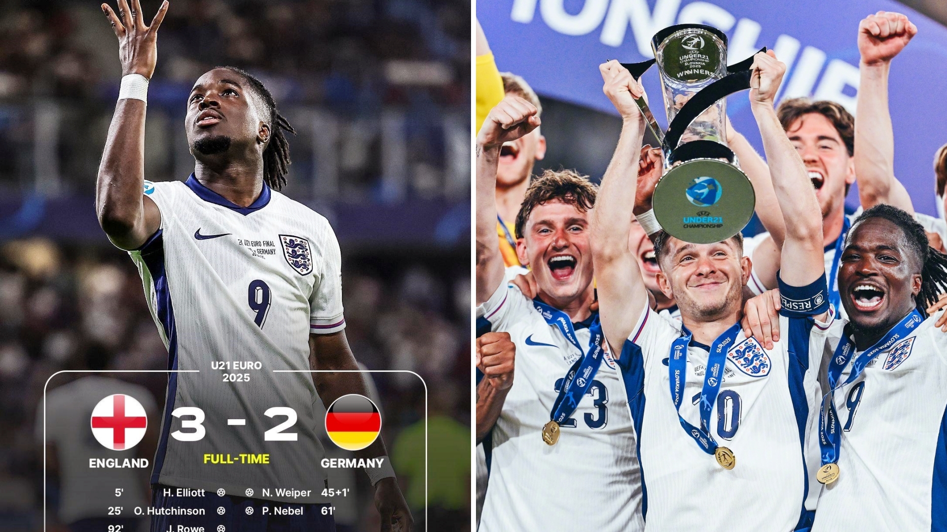 欧青赛：英格兰U21加时赛3-2击败德国U21，连续夺得两届欧青赛冠军。
双方常
