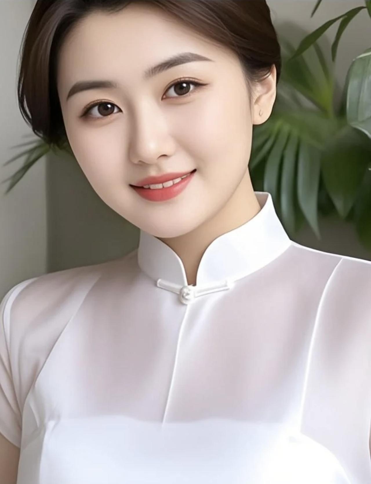 含蓄中的优雅
一袭素白旗袍，是东方含蓄美学的具象。立领如弦，轻轻勾勒颈部线条，似