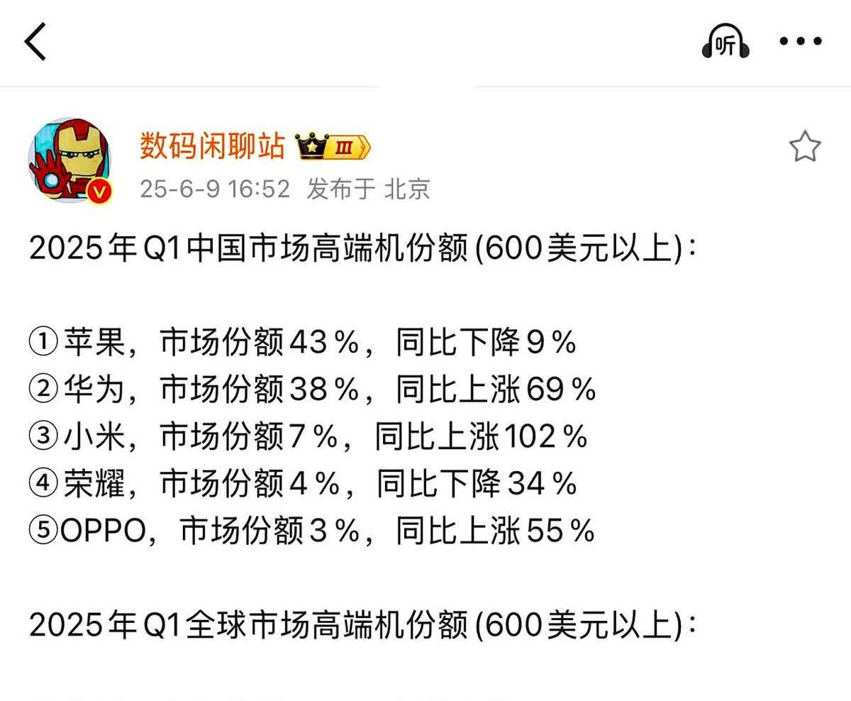 高端可不是用嘴说说而已

国内手机高端市场被苹果华为牢牢锁定，仅华为苹果两家