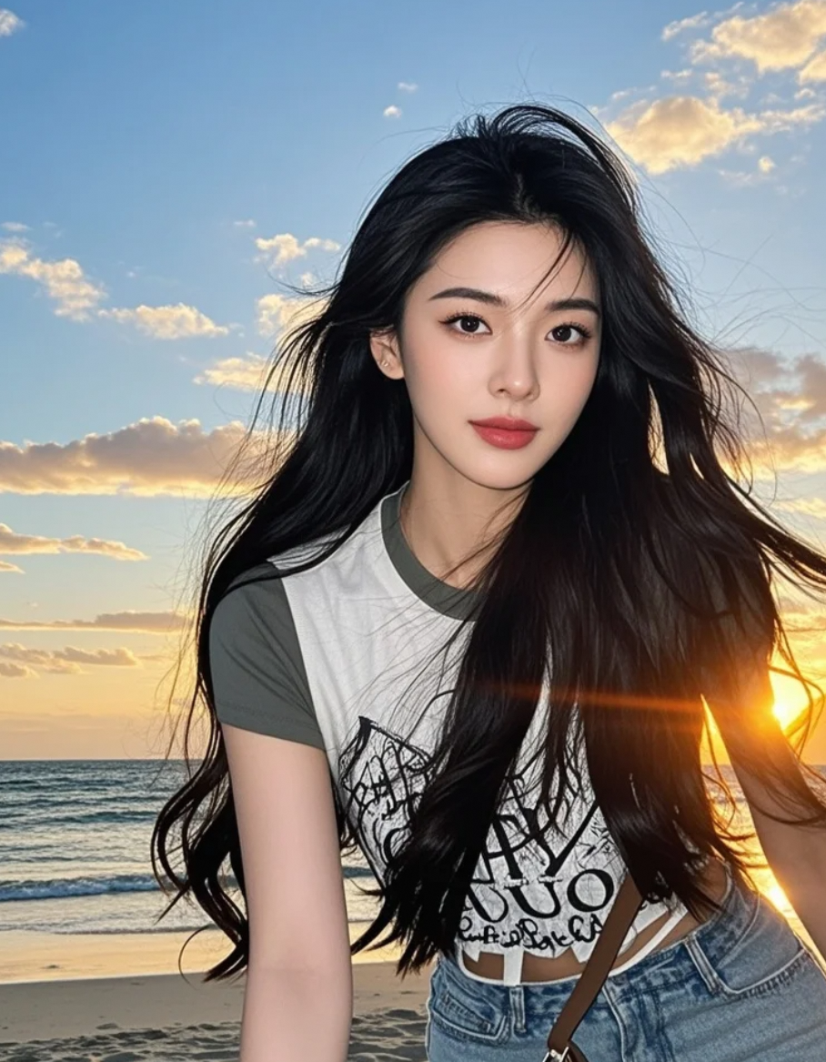 她迎着海风前行，长发与云影共舞，简约T恤也难挡其光芒万丈的明星气场