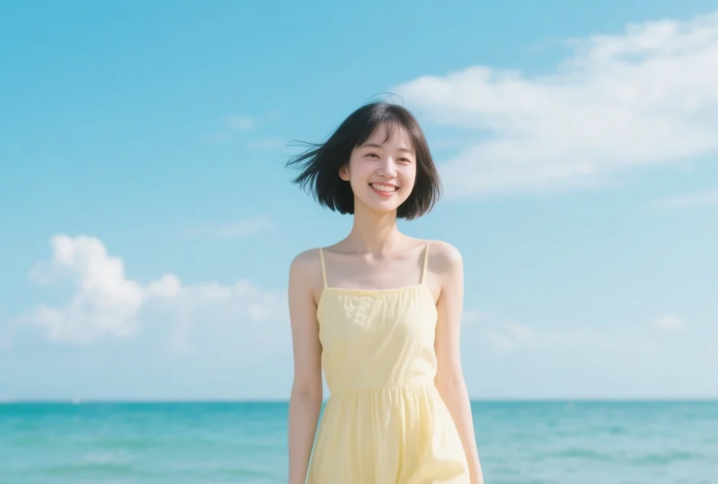 海边的她，用一条裙子诉说属于短发女孩的清纯故事