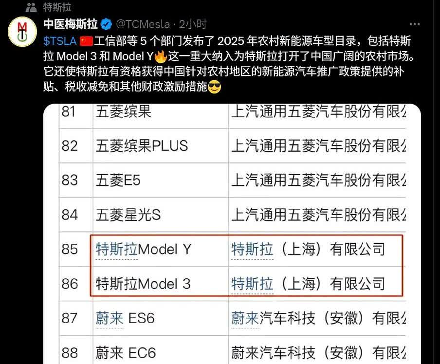 特斯拉最新优惠政策，加入了农村新能源汽车目录，或将获得补贴。

这次进目录可